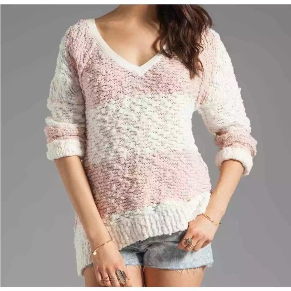 Free People Rugby Songbird stripe chunky pink/white long sleeve V neck sweater - Picture 1 of 12